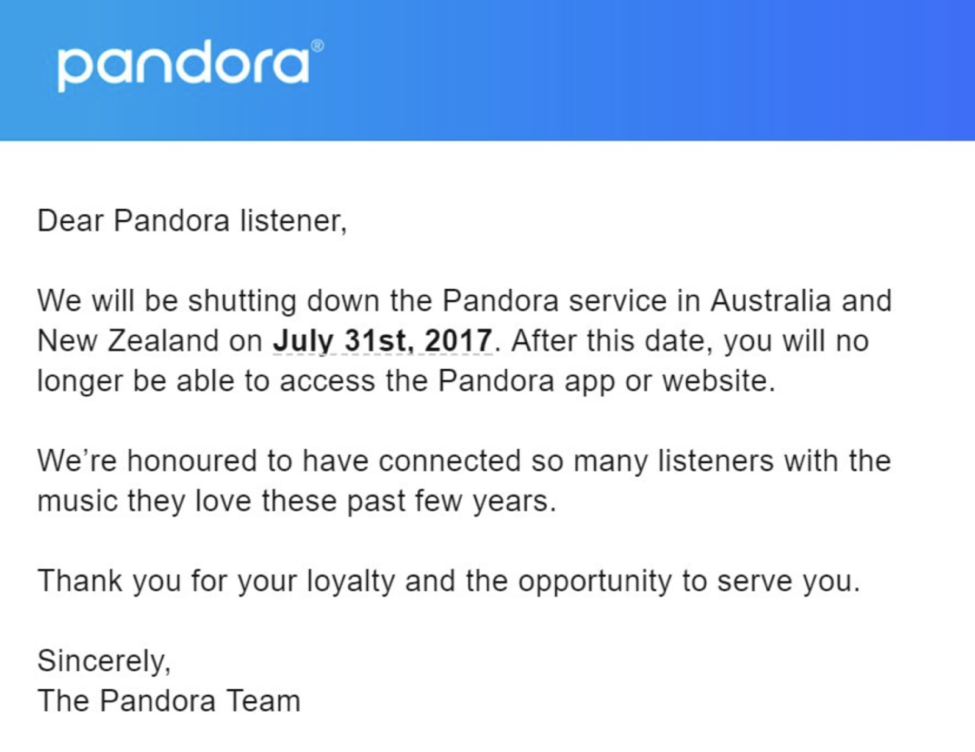 Schermata dell'e-mail di Pandora