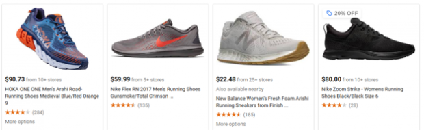 运动鞋的 Google 购物广告示例