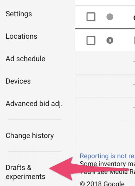 AdWords内のドラフトと実験を表示する