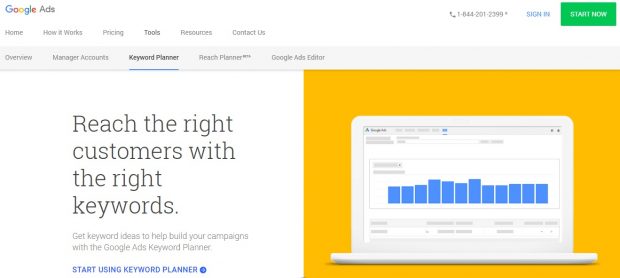 capture d'écran de la page de destination du planificateur de mots clés Google Ads