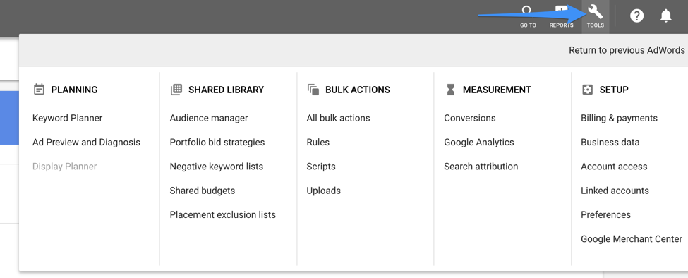 captura de pantalla de las herramientas de configuración del planificador de palabras clave