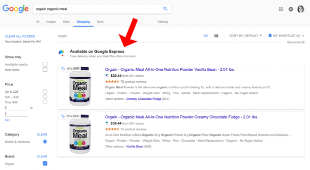 مثال على Google Express Shopping