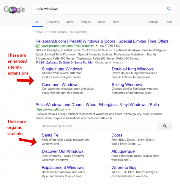 Sitelinks orgânicos versus sitelinks do Google Ads