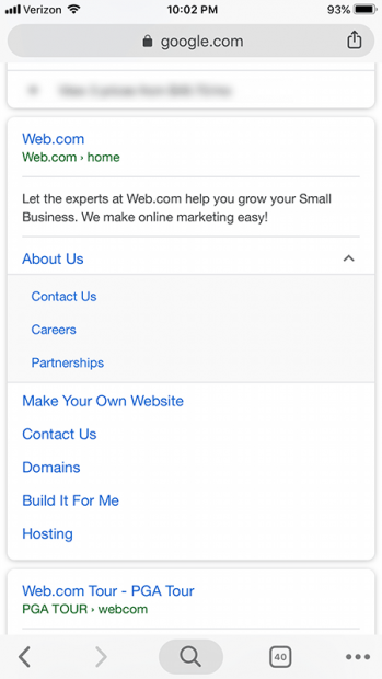 Sitelinks orgânicos em um dispositivo móvel