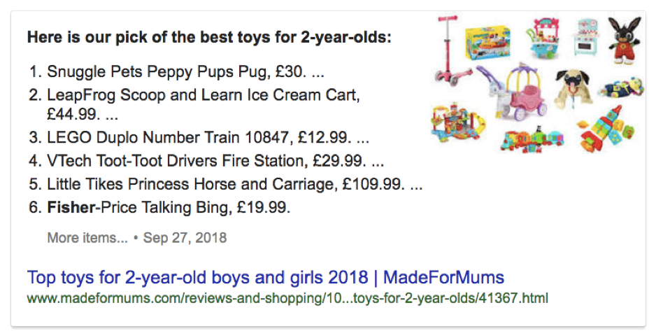 Cadeaux de Noël pour une capture d'écran des résultats de serp de deux ans