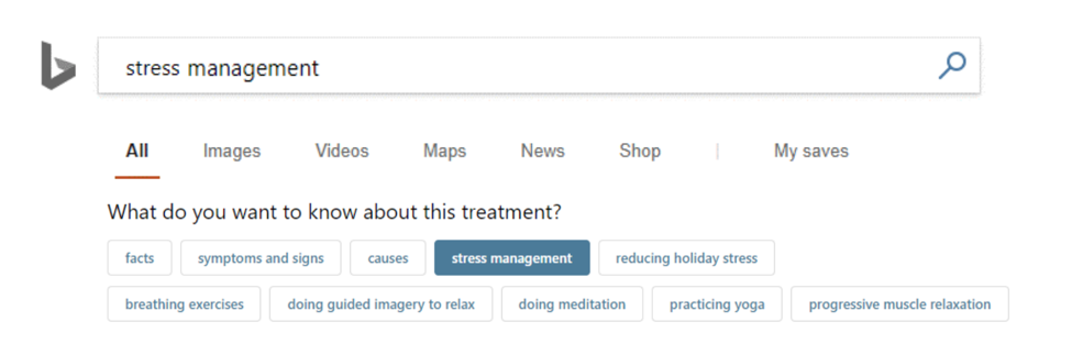 captură de ecran de căutare bing