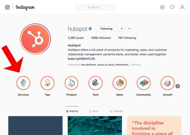 Przykładowy profil na Instagramie, pokazujący zapisane na koncie Stories