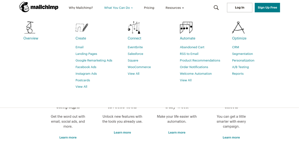 ภาพหน้าจอของ การนำทาง mailchimp