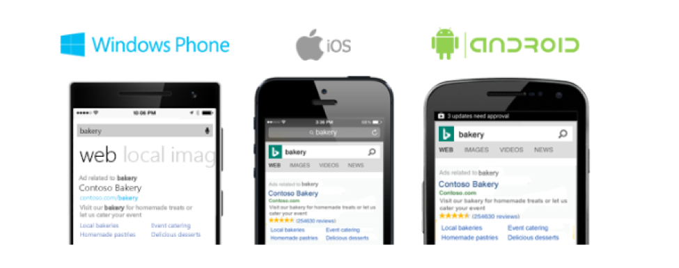 três telefones com logotipos