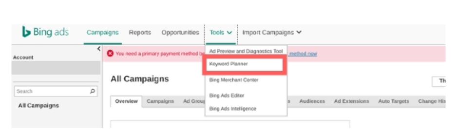 planejador de palavras-chave do bing