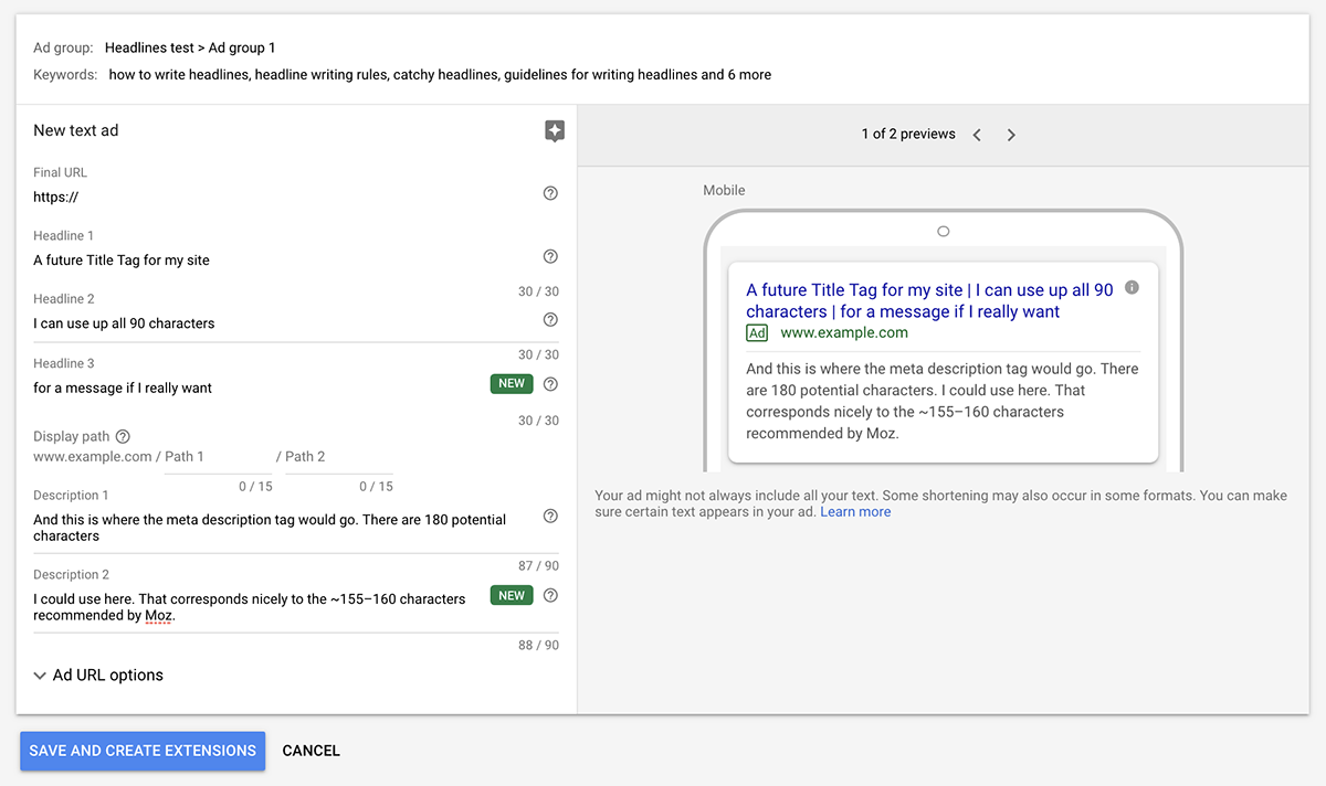 tagi meta title i description dobrze pasują do formatu reklam tekstowych Google.