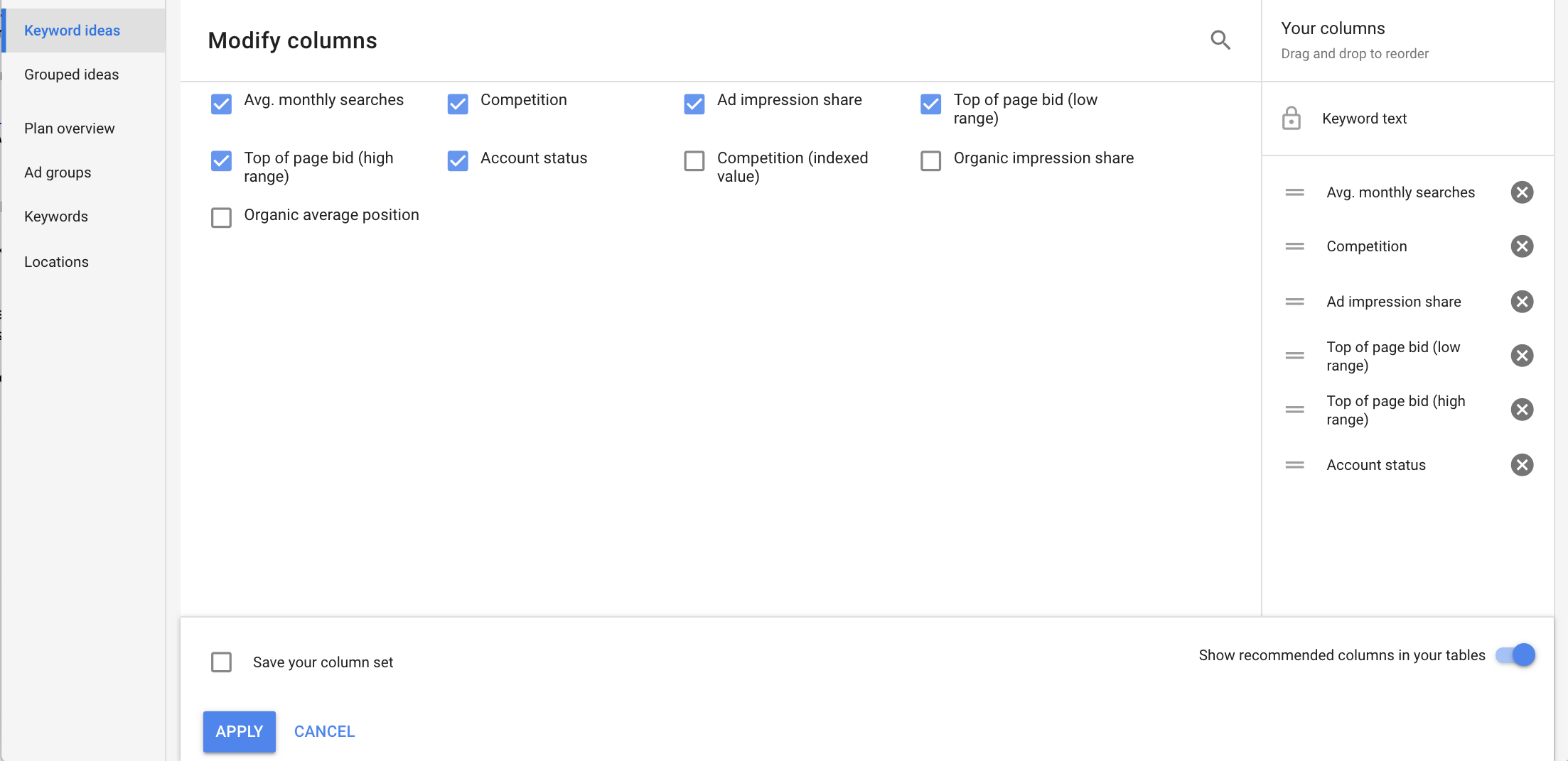修改 Google Ads 关键字规划师中的列