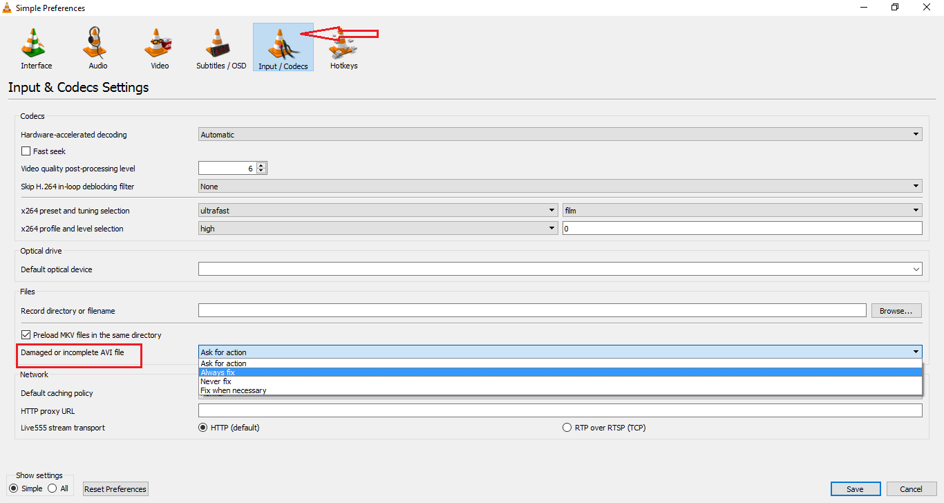 VLC-Eingabe-Codec-Einstellungen