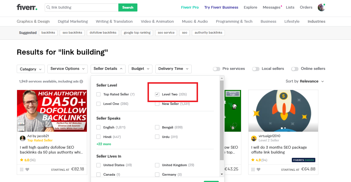 العثور على بائعين من المستوى 2 على Fiverr