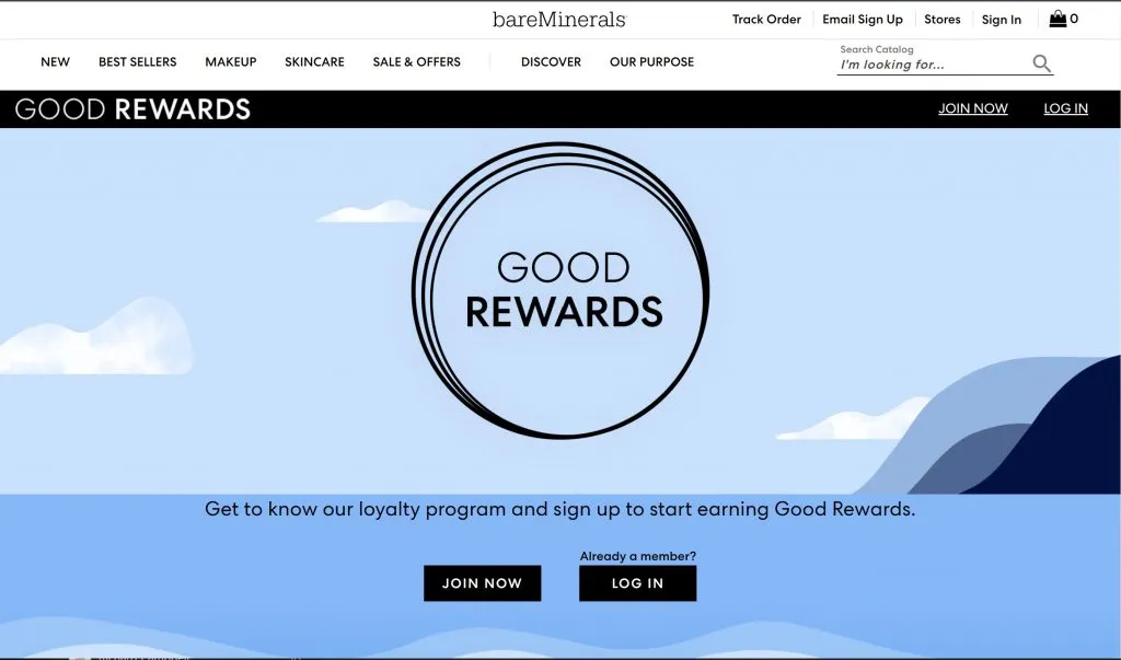 Uno screenshot del programma Good Rewards di bareMinerals. Un'illustrazione di un oceano con le parole Good Rewards in un cerchio nero.