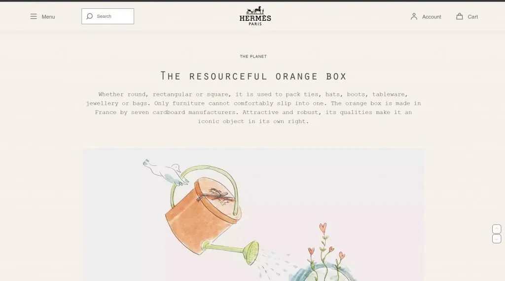 Screenshot der Hermes-Webseite, die die Nachhaltigkeitsinitiativen des Unternehmens beschreibt.