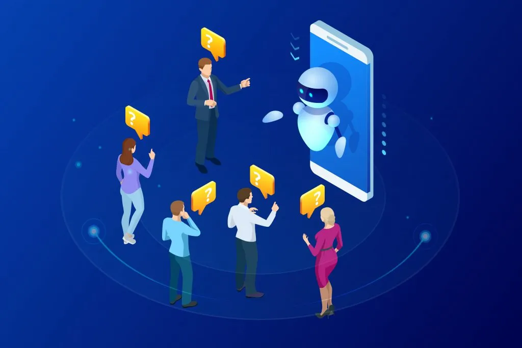 immagine vettoriale di un chatbot sullo schermo di un telefono e 5 persone con fumetti sopra la testa che illustrano l'IA nel servizio clienti
