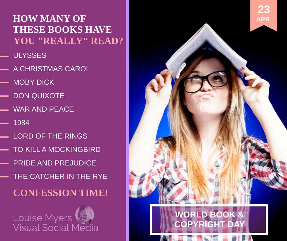 ผู้หญิงใส่แว่นและหนังสือบนหัวถามแบบทดสอบวันหนังสือและลิขสิทธิ์โลก