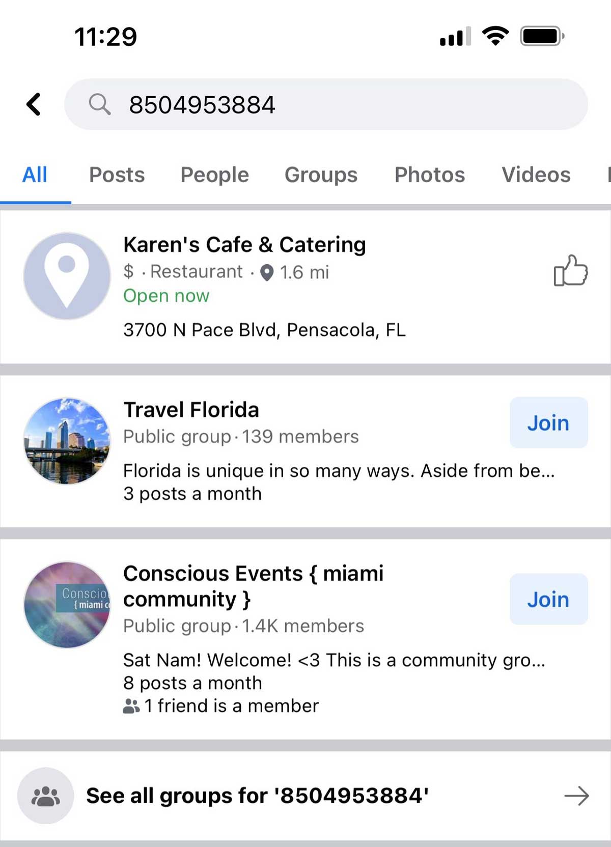 hasil pencarian nomor telepon di aplikasi seluler facebook.