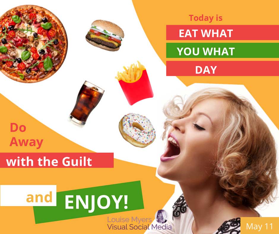 wanita makan pizza hamburger donat mengatakan National Eat What You Want Day.