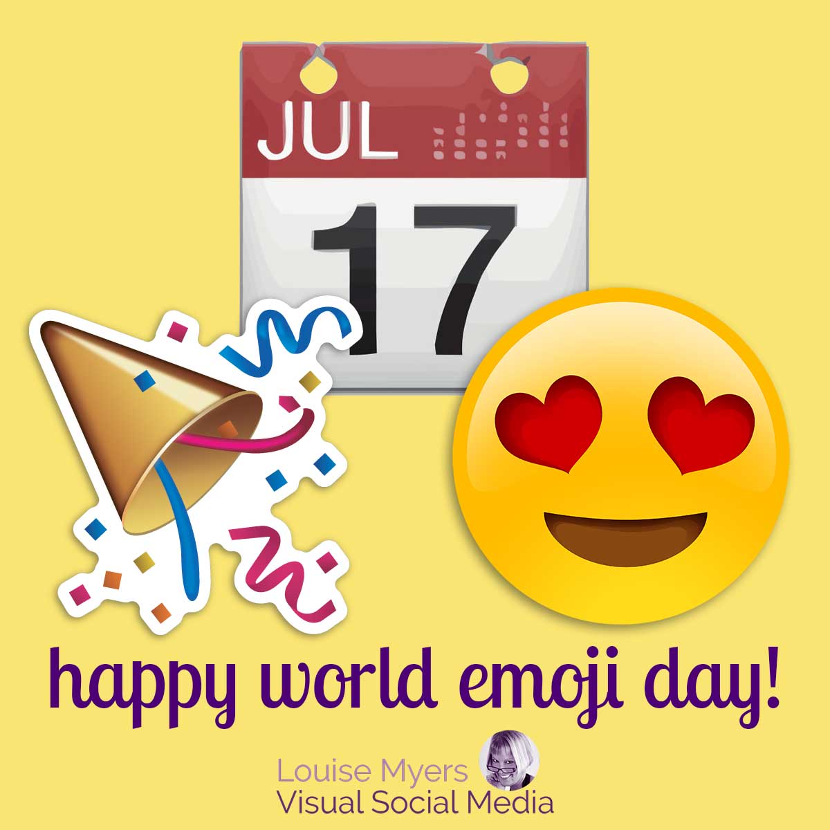 emoji kalender mengatakan 17 Juli dengan mata hati dan emoji pesta dan teks Selamat Hari Emoji Dunia.
