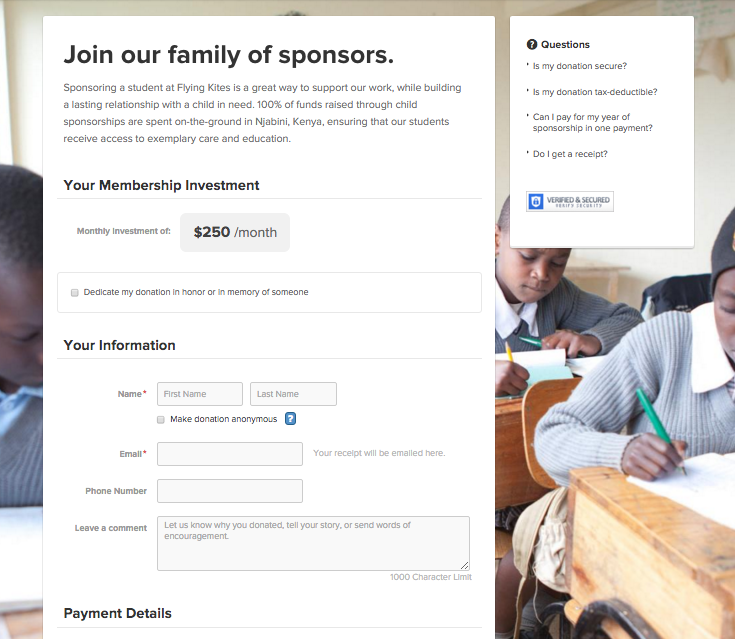 Page de don de cerfs-volants volants avec paramètres de passage