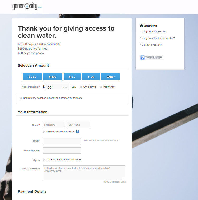 Formulaire de don Generosity.org pré-rempli avec des paramètres de passage