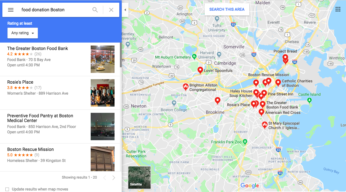 Google Maps Suchergebnisse für "Lebensmittelspende Boston"