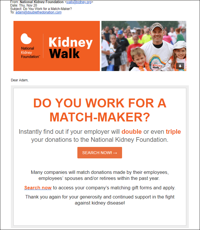 Une campagne d'e-mails de cadeaux assortis de la National Kidney Foundation.