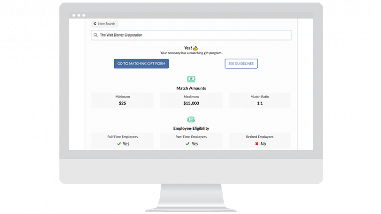 Une capture d'écran de l'outil de recherche de dons jumelés de Double the Donation.