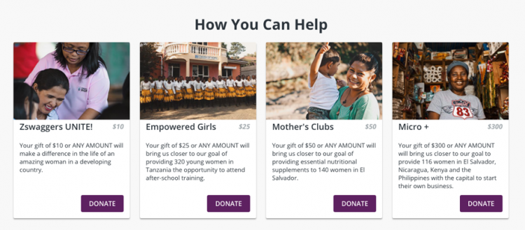 Pagina della campagna con blocchi di impatto per la trasparenza dell'impatto