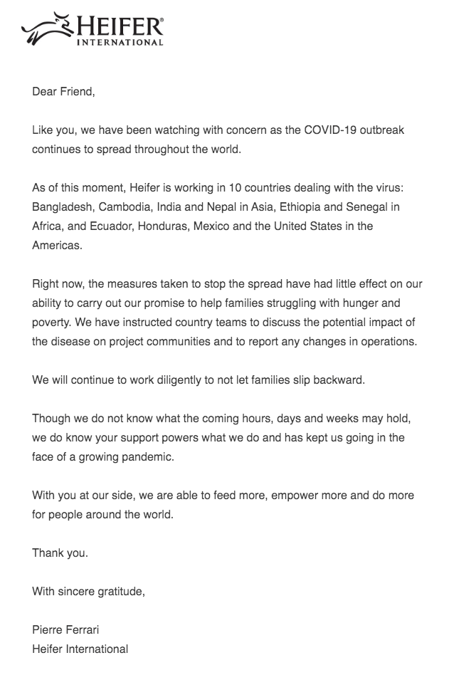 Heifer International e-mail marketing în timpul unei pandemii