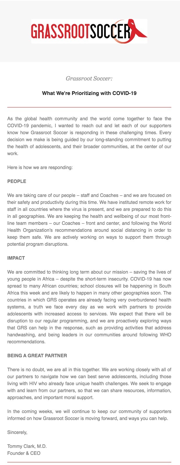 Marketing prin e-mail Grassroots Soccer International în timpul unei pandemii