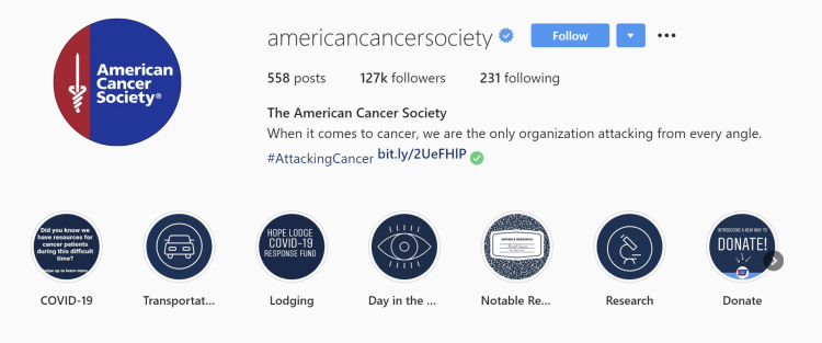 非営利団体向けにユーザー生成コンテンツを推進する方法を示すAmericanCancerSocietyInstagramページ。