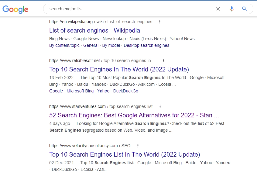 lista motorului de căutare