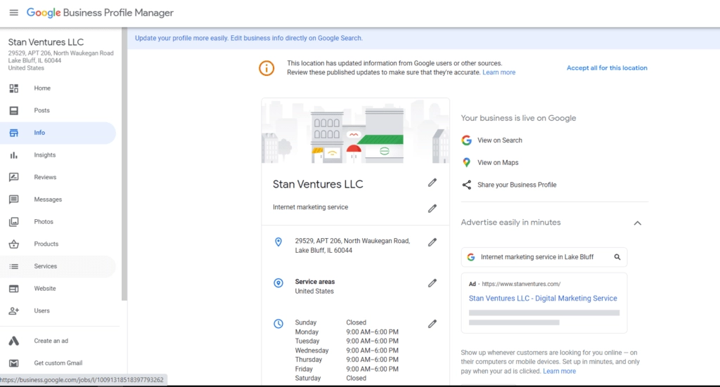 caută pe google tabloul de bord al afacerii mele