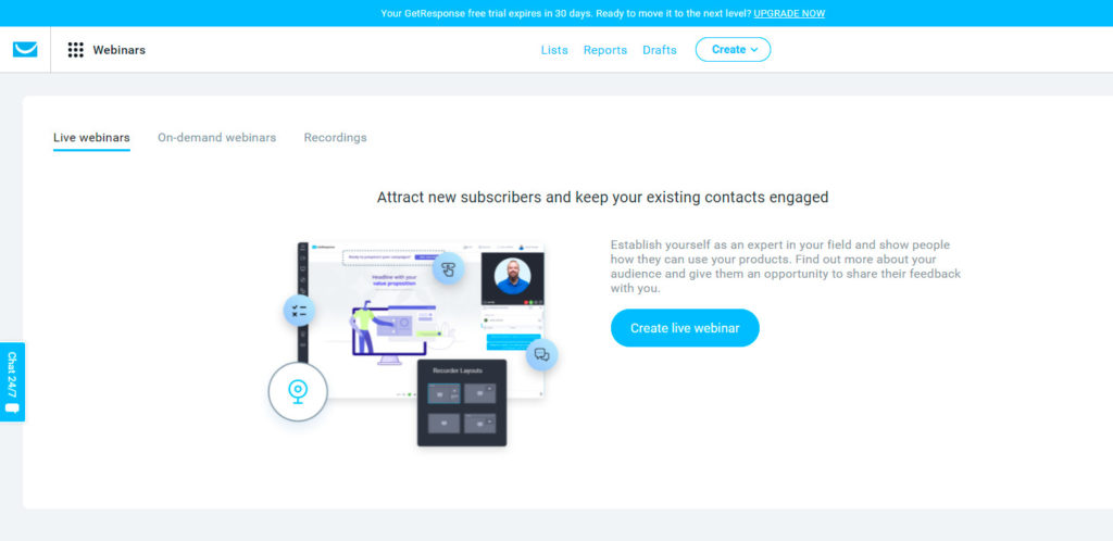 Recurso de criação de webinar - GetResponse