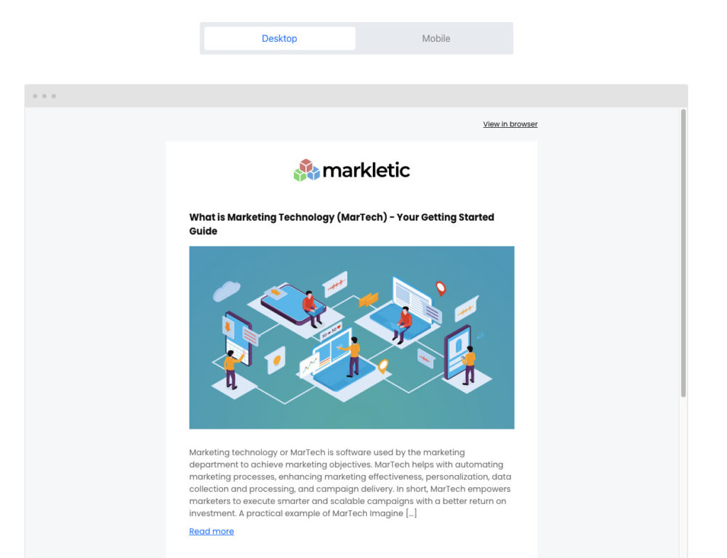Modalità Anteprima - Campagna RSS Mailerlite