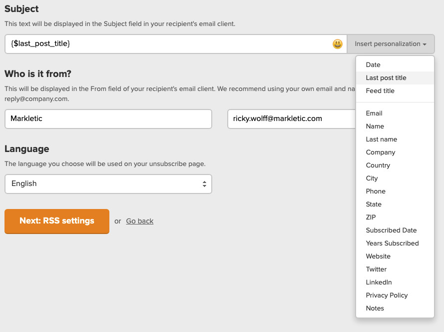 Oggetto - Campagna RSS Mailerlite