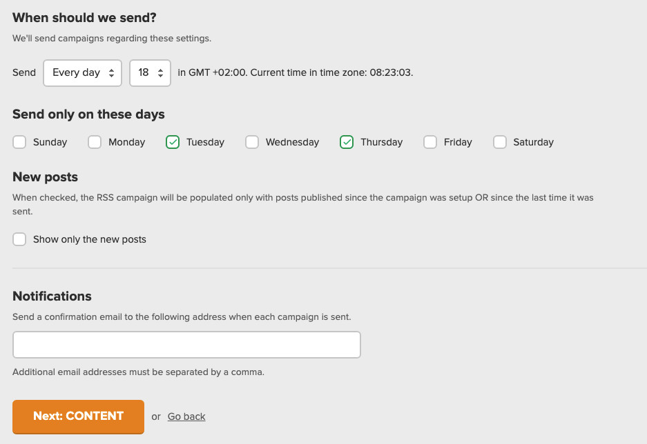 Impostazioni RSS - Campagna RSS Mailerlite