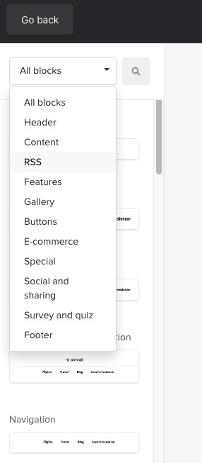 Elenco a discesa dei blocchi RSS - Campagna RSS di Mailerlite
