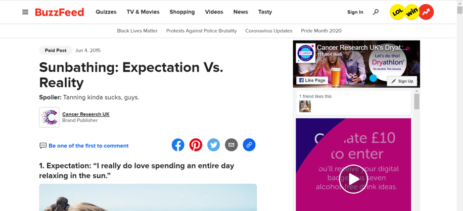 BuzzFeed의 후원 콘텐츠 예시