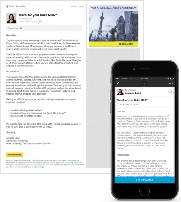 Пример LinkedIn InMail от Университета Дьюка