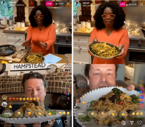 Due screenshot di Oprah e Jaime Oliver che cucinano la pasta insieme su Instagram dal vivo. Sono visibili le reazioni di supporto degli spettatori.