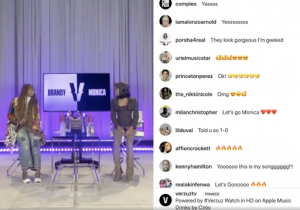 Due screenshot di Brandy e Monica seduti insieme sul palco. Uno screenshot mostra il formato live di Instagram e l'altro mostra il formato live di Youtube.