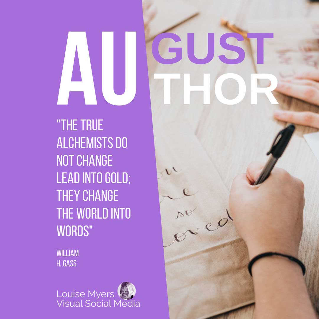 เขียนมือบนพื้นหลังสีม่วงพูดว่าผู้เขียนเดือนสิงหาคมพร้อมคำพูด