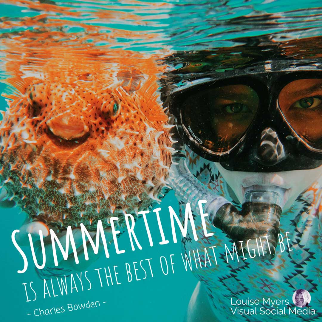 オレンジ色のフグとターコイズブルーのプールでシュノーケラーのクローズアップは夏の引用があります。