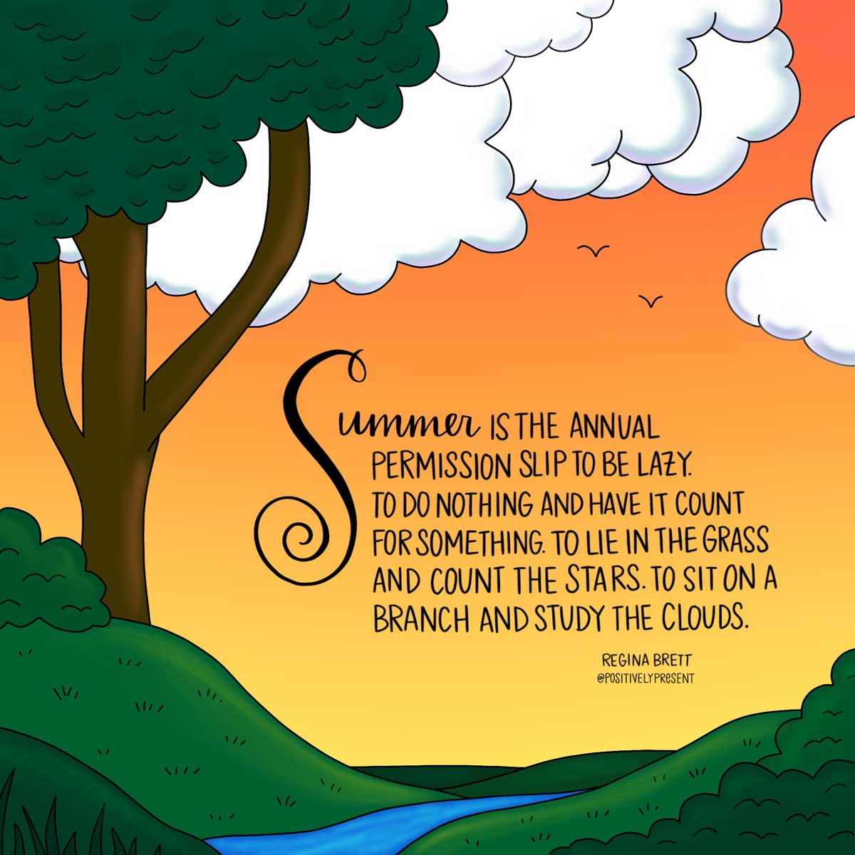 緑の丘、青い小川、夏のオレンジ色の空は、怠惰な引用である許可証です。