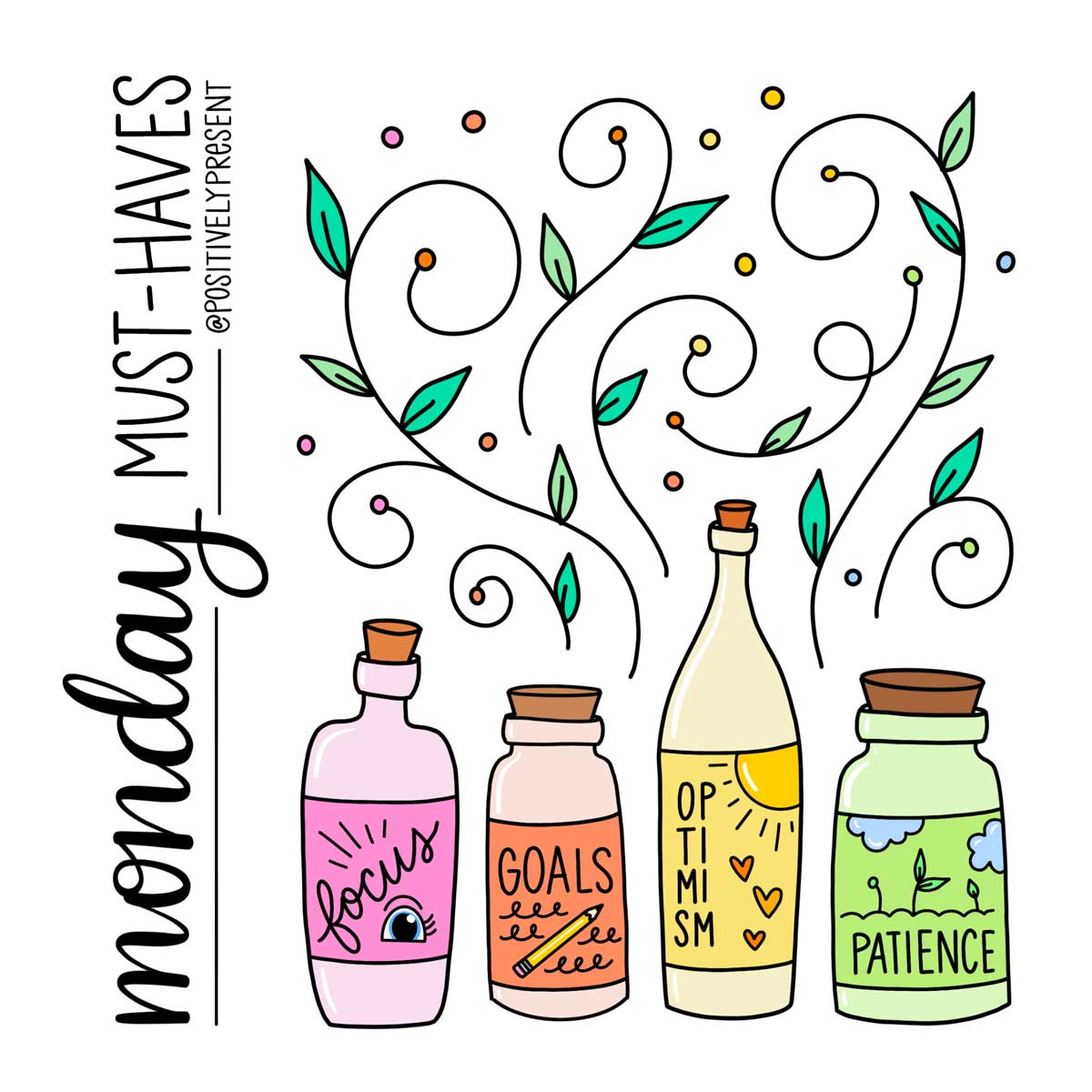 الجرار الملونة تقول التركيز والأهداف والتفاؤل والصبر مع رأس الاثنين يجب أن يكون.