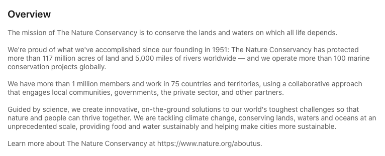 пример профиля некоммерческой организации на LinkedIn